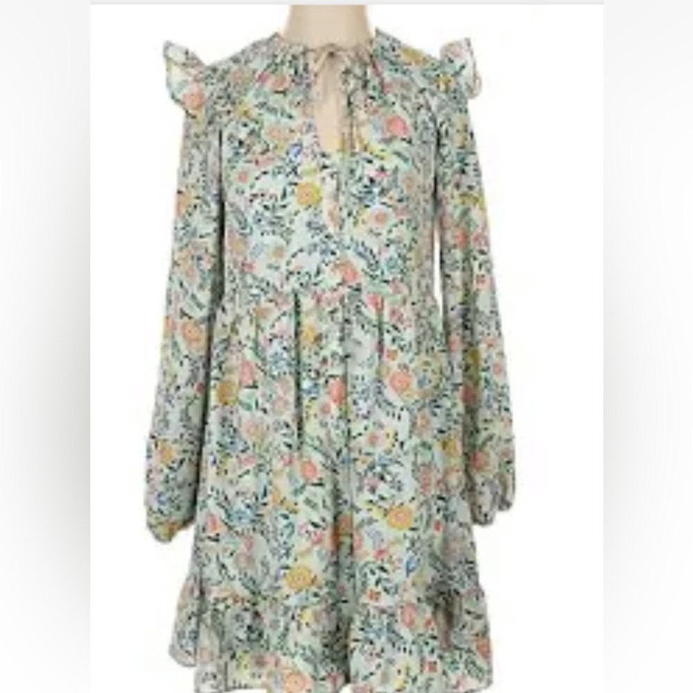BCBGeneration Light Mint Green Floral Long Sleeve Ruffle Dress